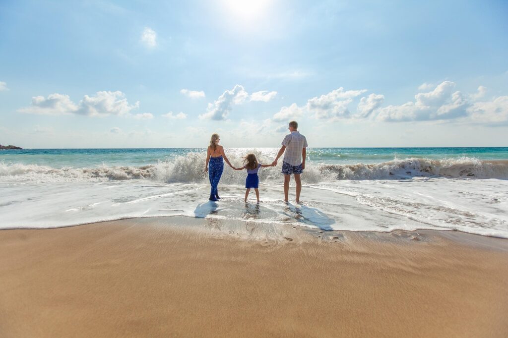 beach, family, fun, leisure, ocean, relaxation, sand, nature, sea, seashore, sky, summer, sunny, vacation, water, wave, parenthood, parents, child